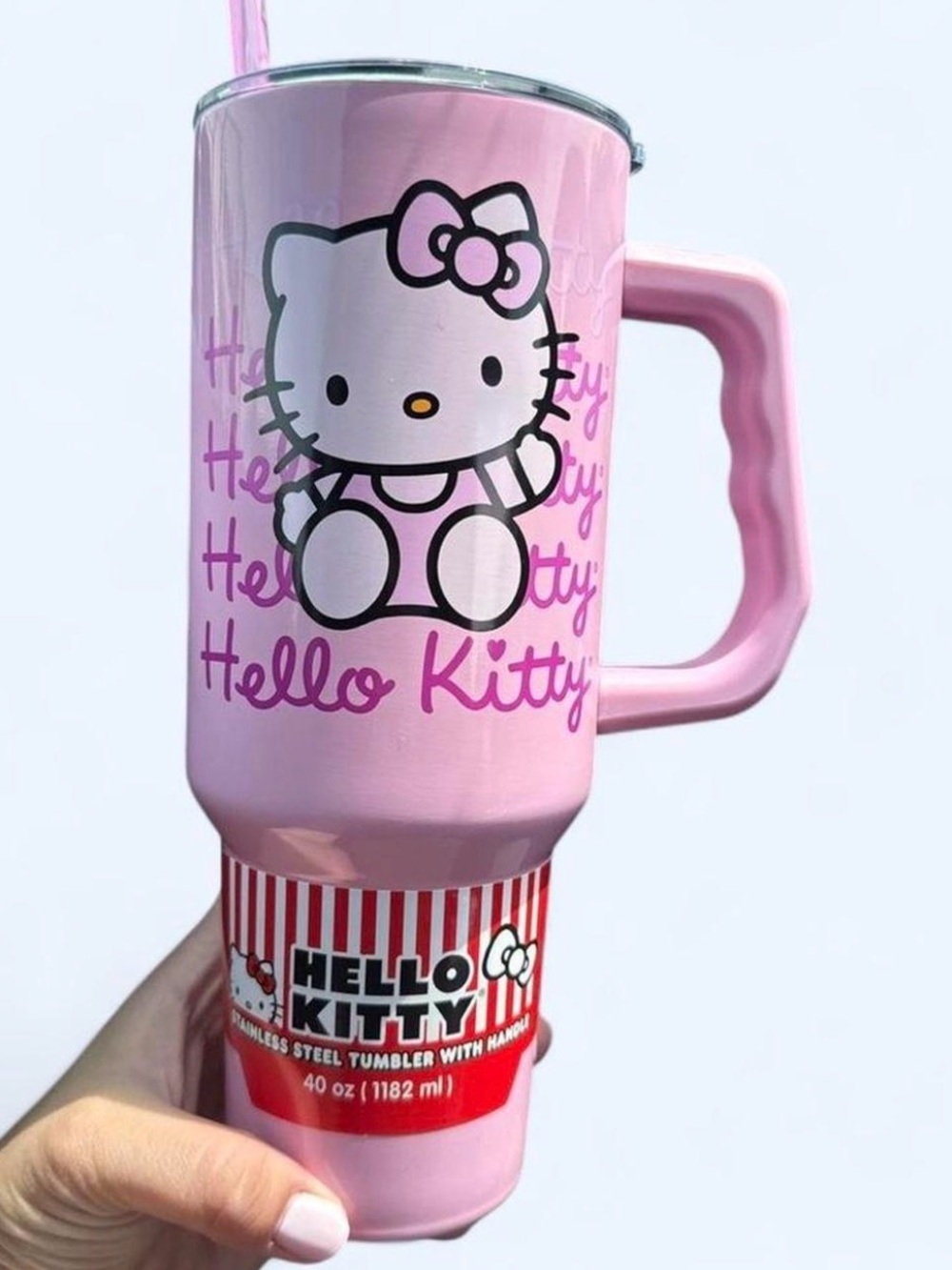 Hello Kitty Pink Stainless Steel Party Tumbler with Handle and Straw